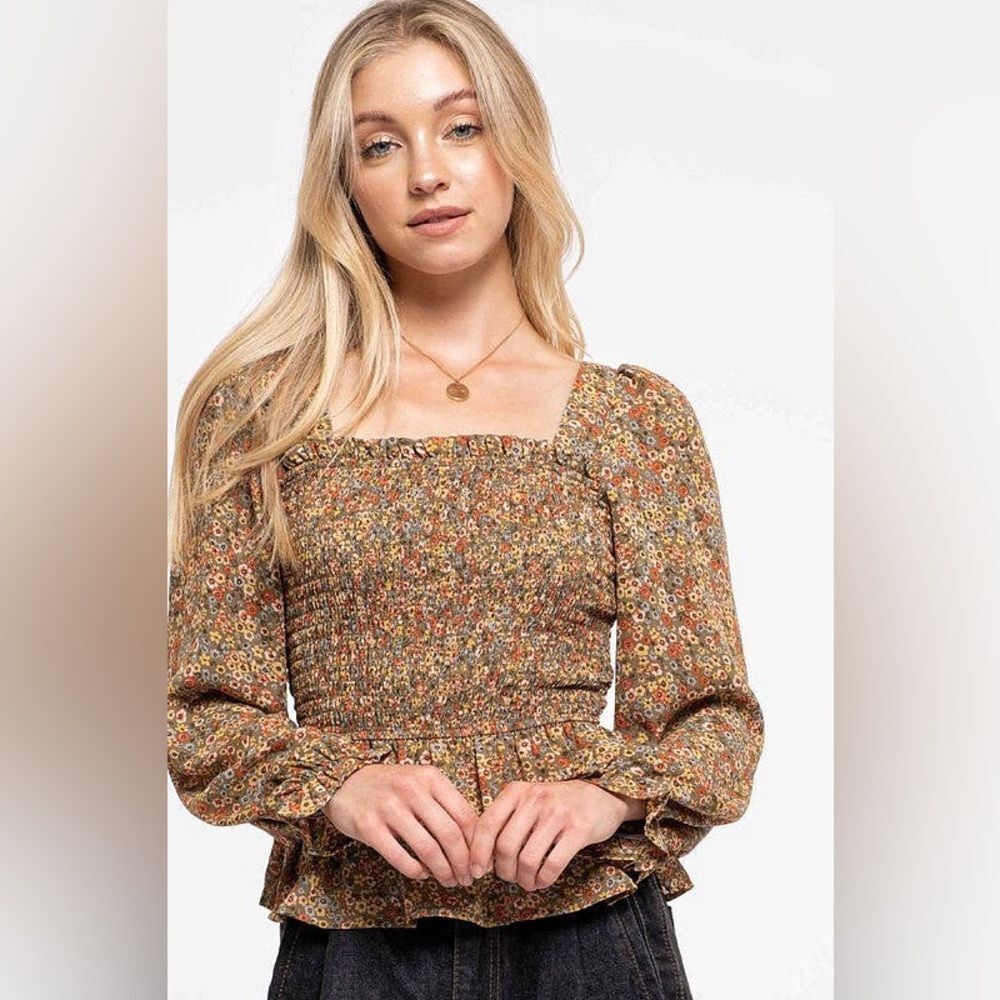 Papaya Floral Top Cross Back Ruffle Square Neck Smocked Medium